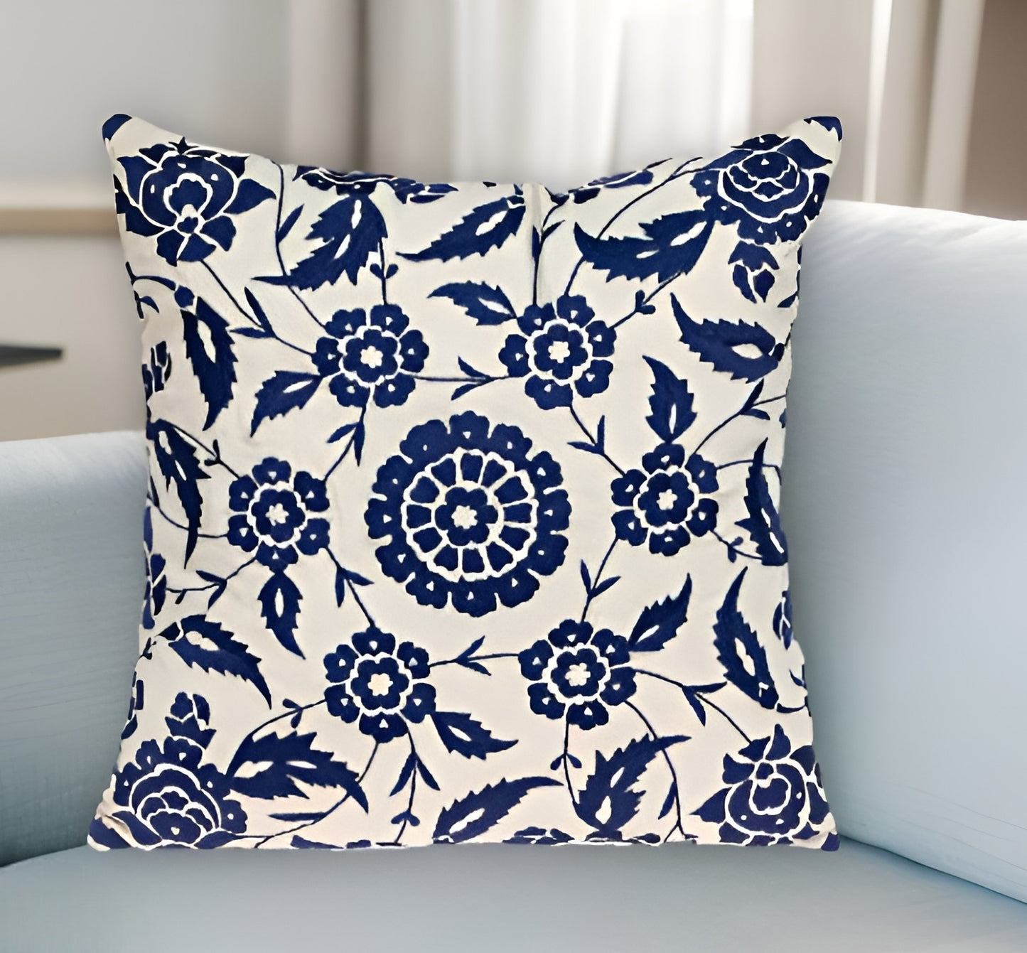 Beige & Blue Floral Cotton Pillow w/ Embroidery