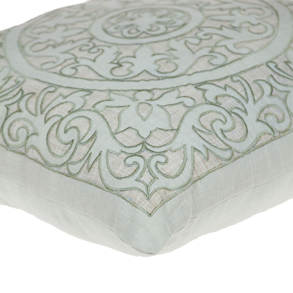 Beige & Green Damask Linen Blend Pillow w/ Embroidery