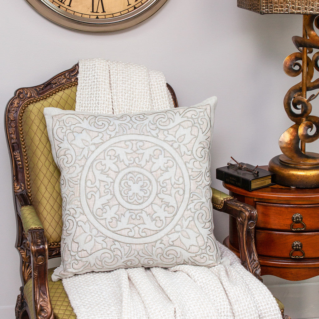Beige & Green Damask Linen Blend Pillow w/ Embroidery