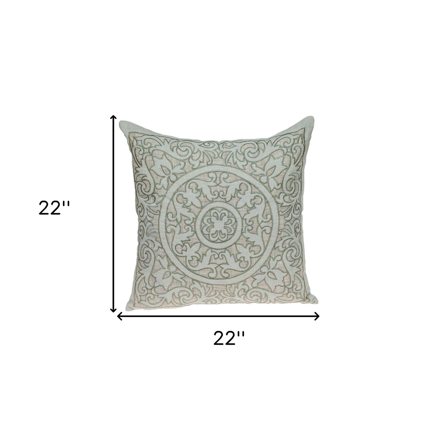 Beige & Green Damask Linen Blend Pillow w/ Embroidery