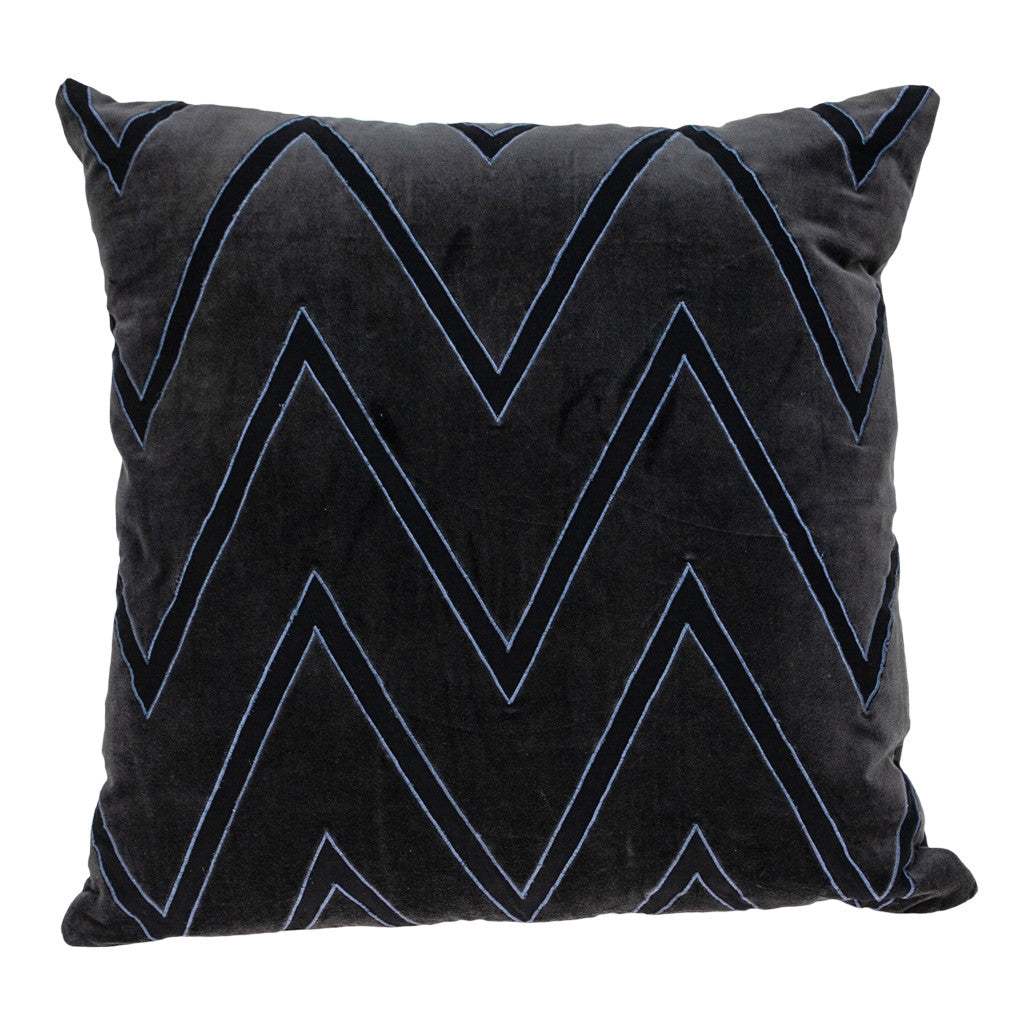 Black & Blue Zigzag Cotton Pillow w/ Embroidery