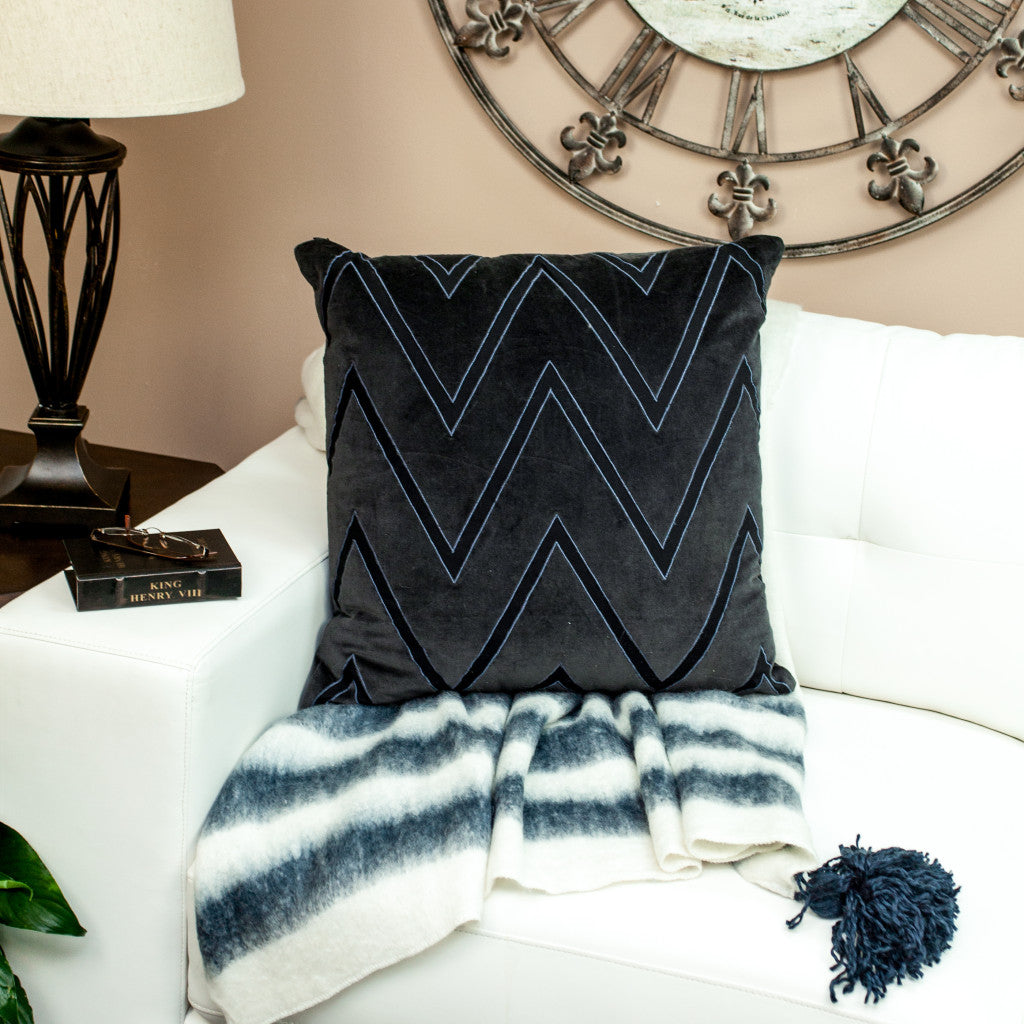 Black & Blue Zigzag Cotton Pillow w/ Embroidery