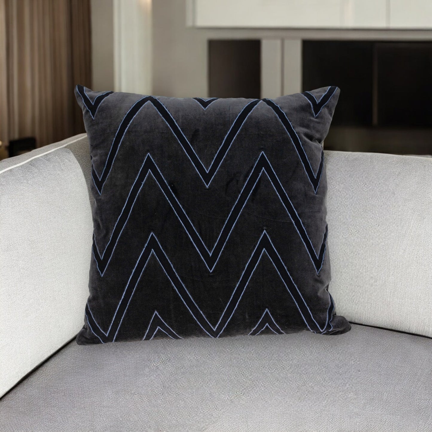 Black & Blue Zigzag Cotton Pillow w/ Embroidery