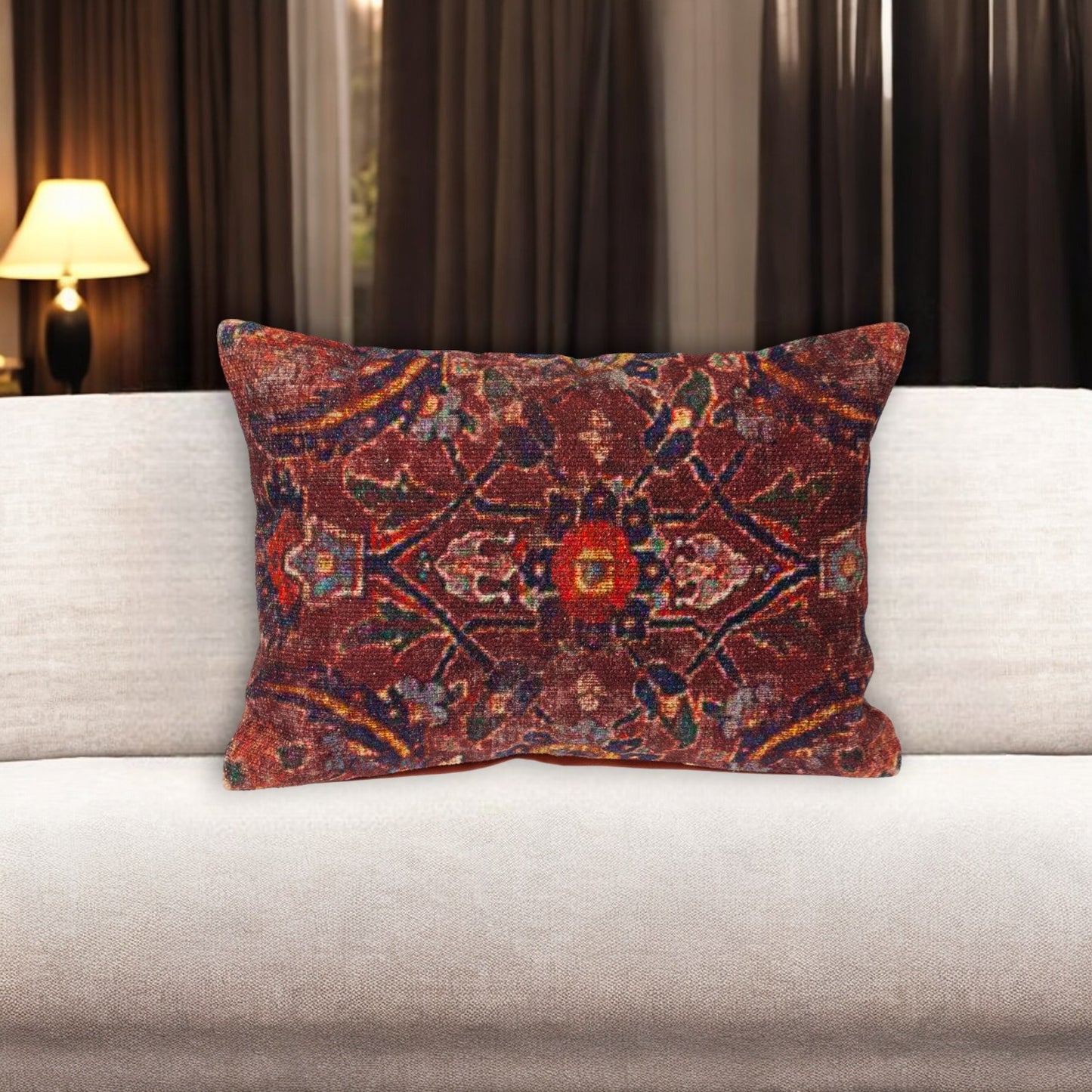 Blue & Red Damask Cotton Pillow