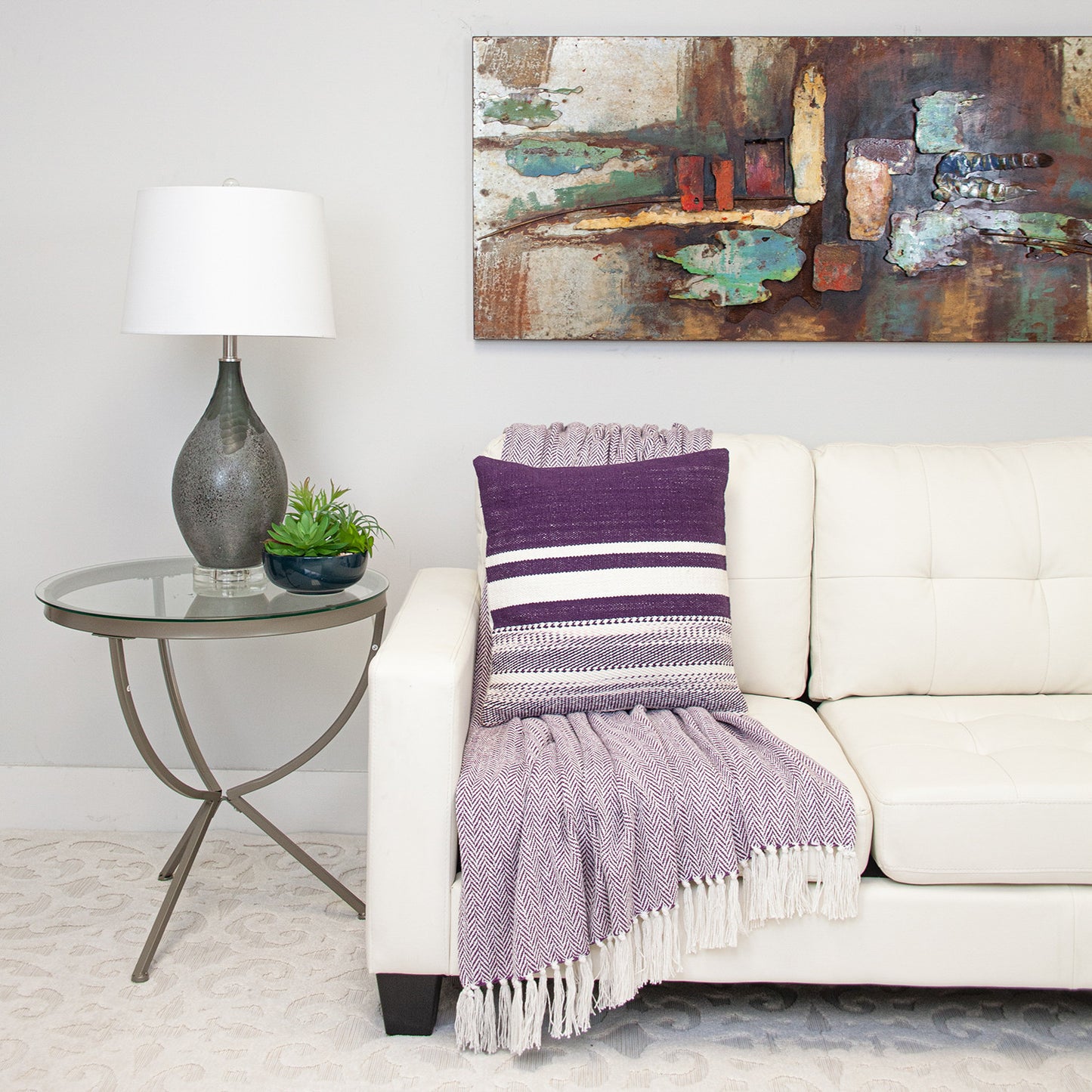 Purple & White Striped Cotton Pillow