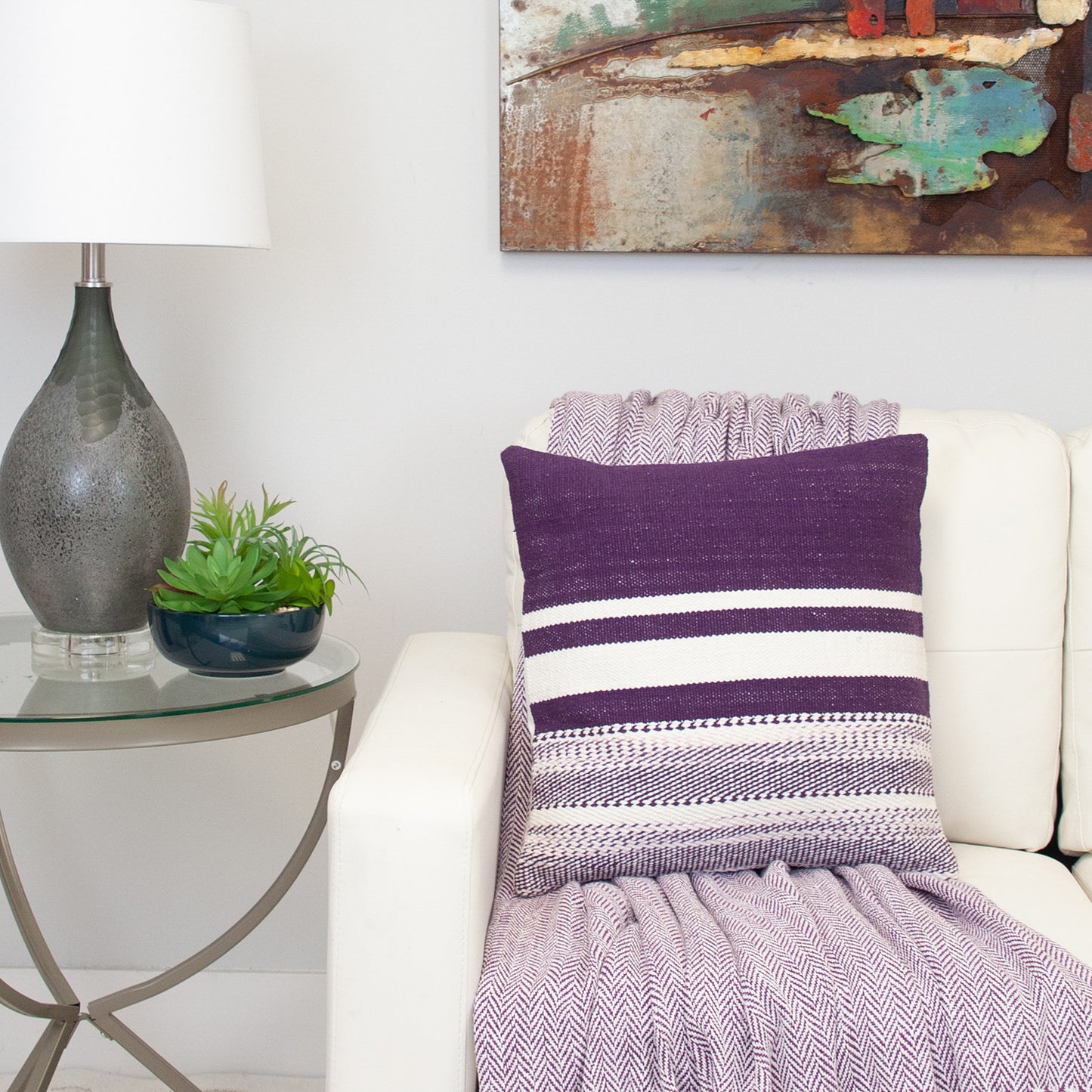 Purple & White Striped Cotton Pillow