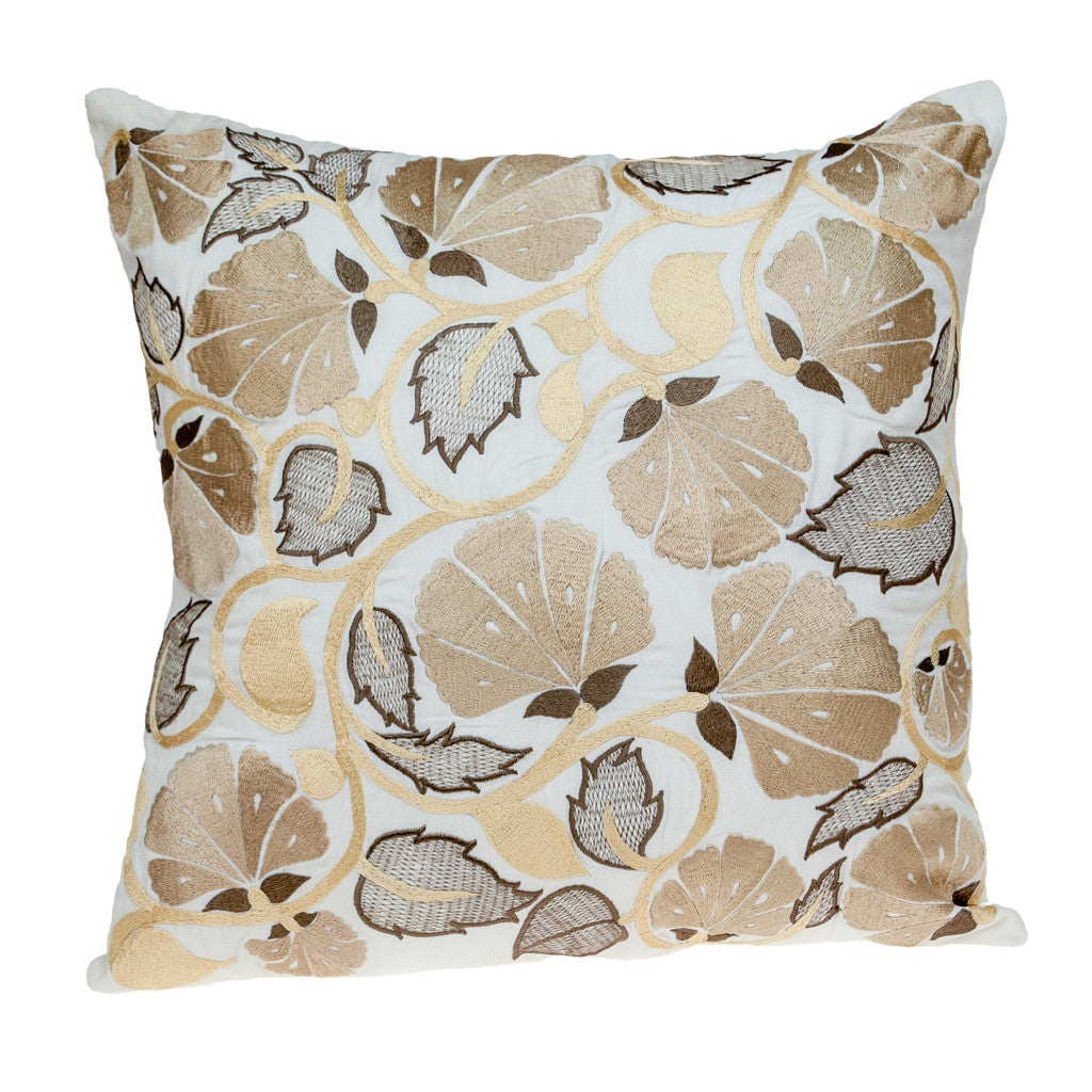 Gold & White Floral Cotton Pillow w/ Embroidery