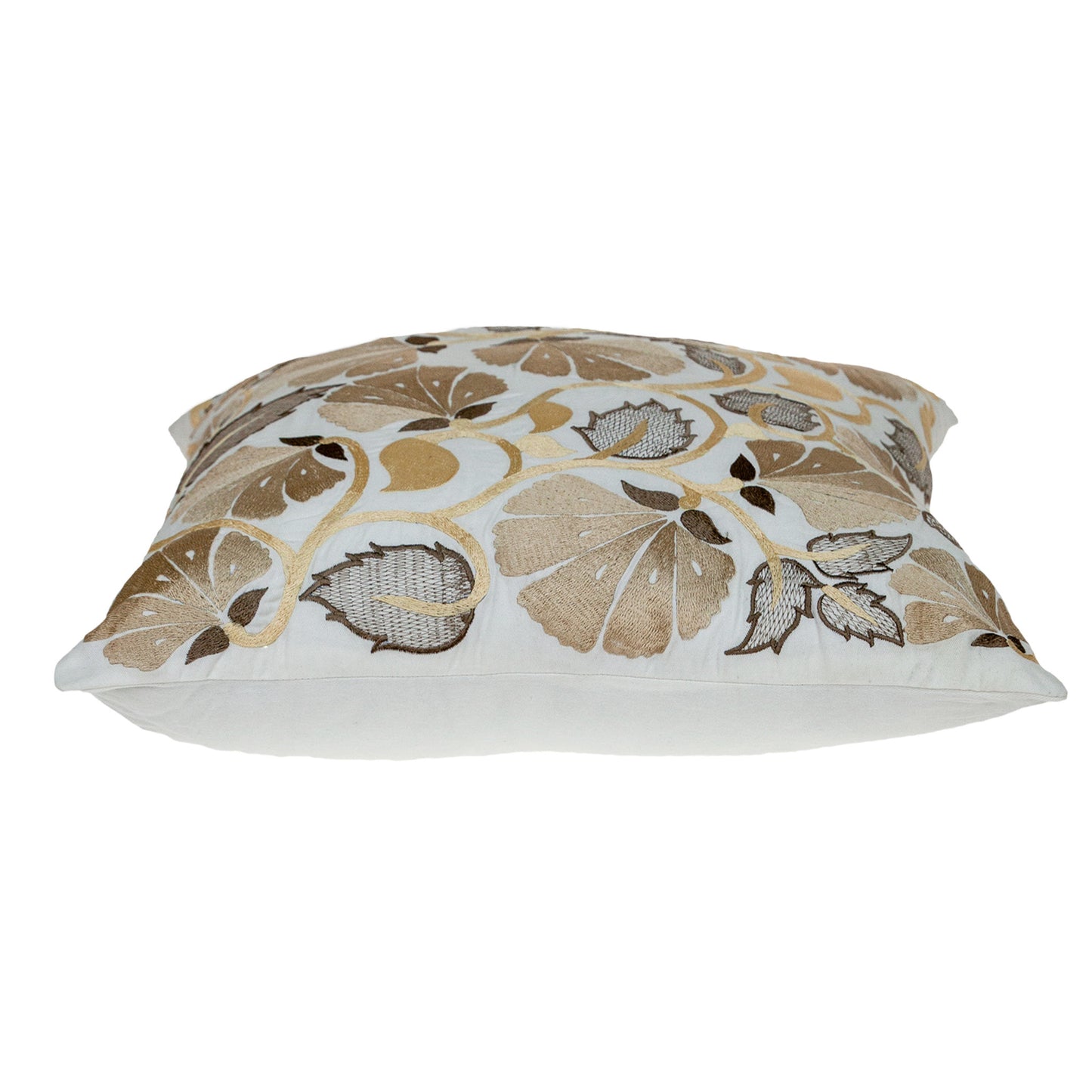 Gold & White Floral Cotton Pillow w/ Embroidery