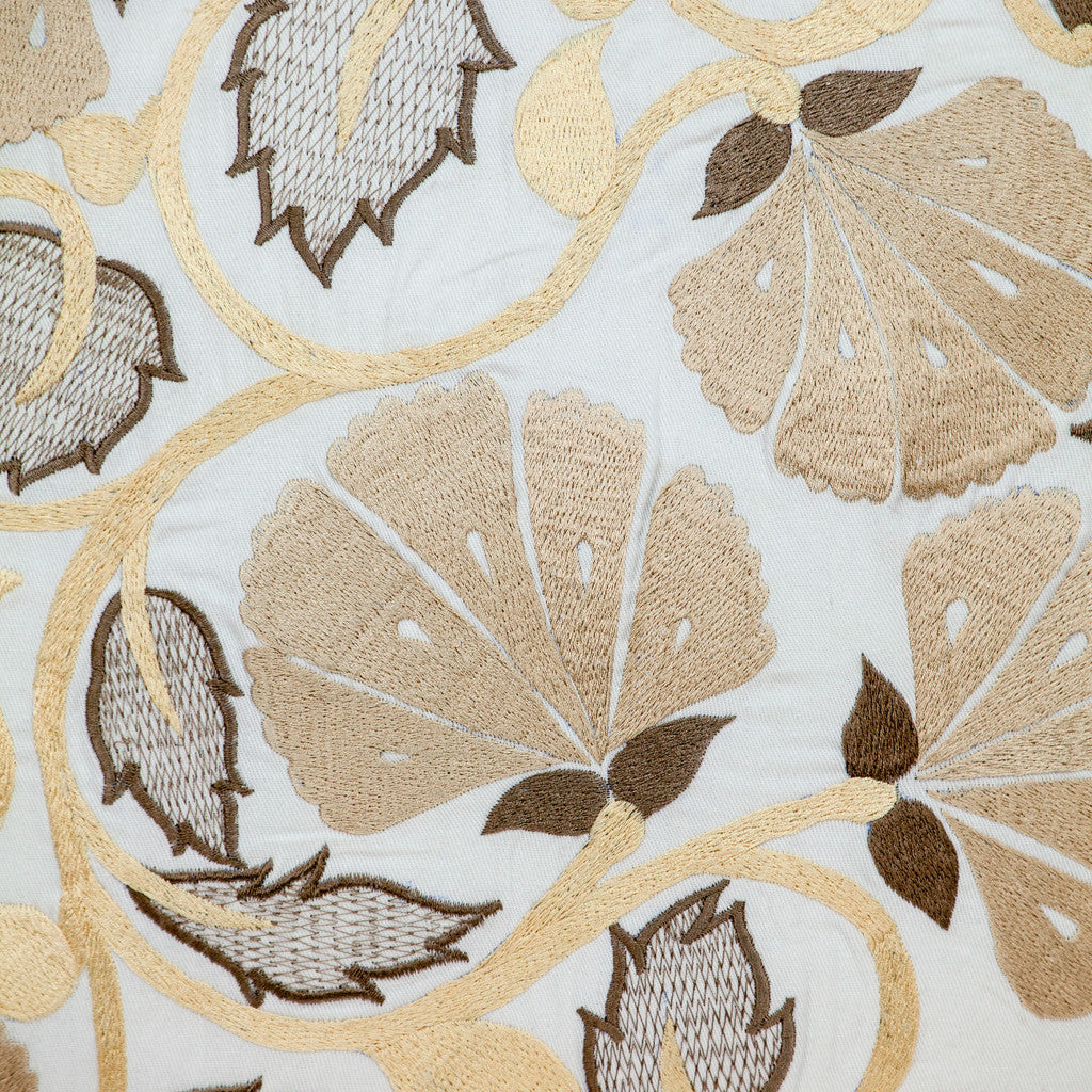 Gold & White Floral Cotton Pillow w/ Embroidery