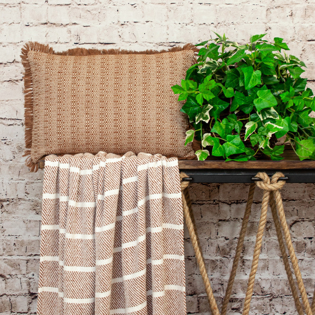Brown & White Striped Cotton Pillow w/ Fringe