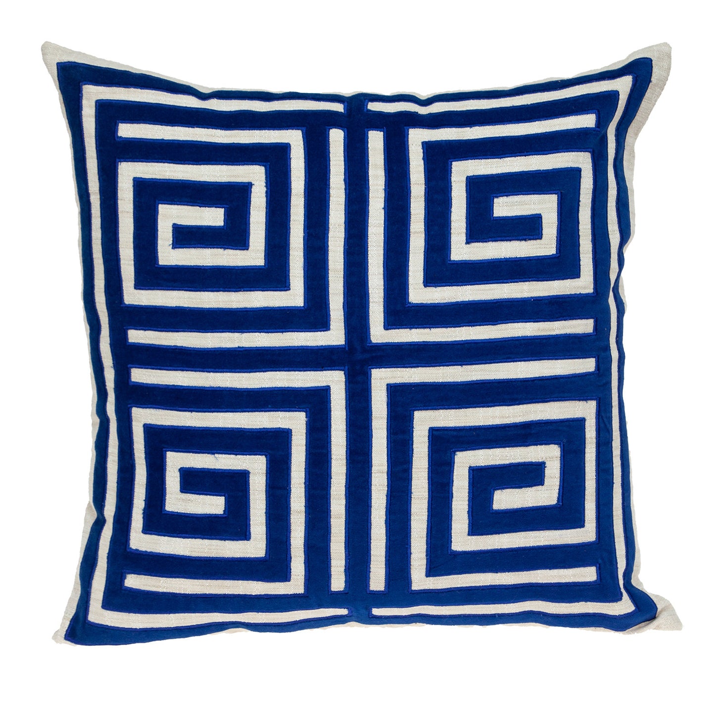 Beige & Blue Geometric Cotton Blend Pillow w/ Embroidery