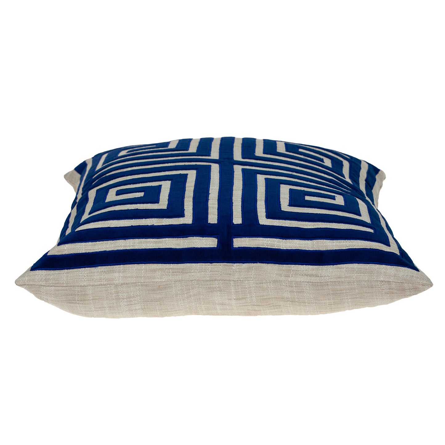 Beige & Blue Geometric Cotton Blend Pillow w/ Embroidery