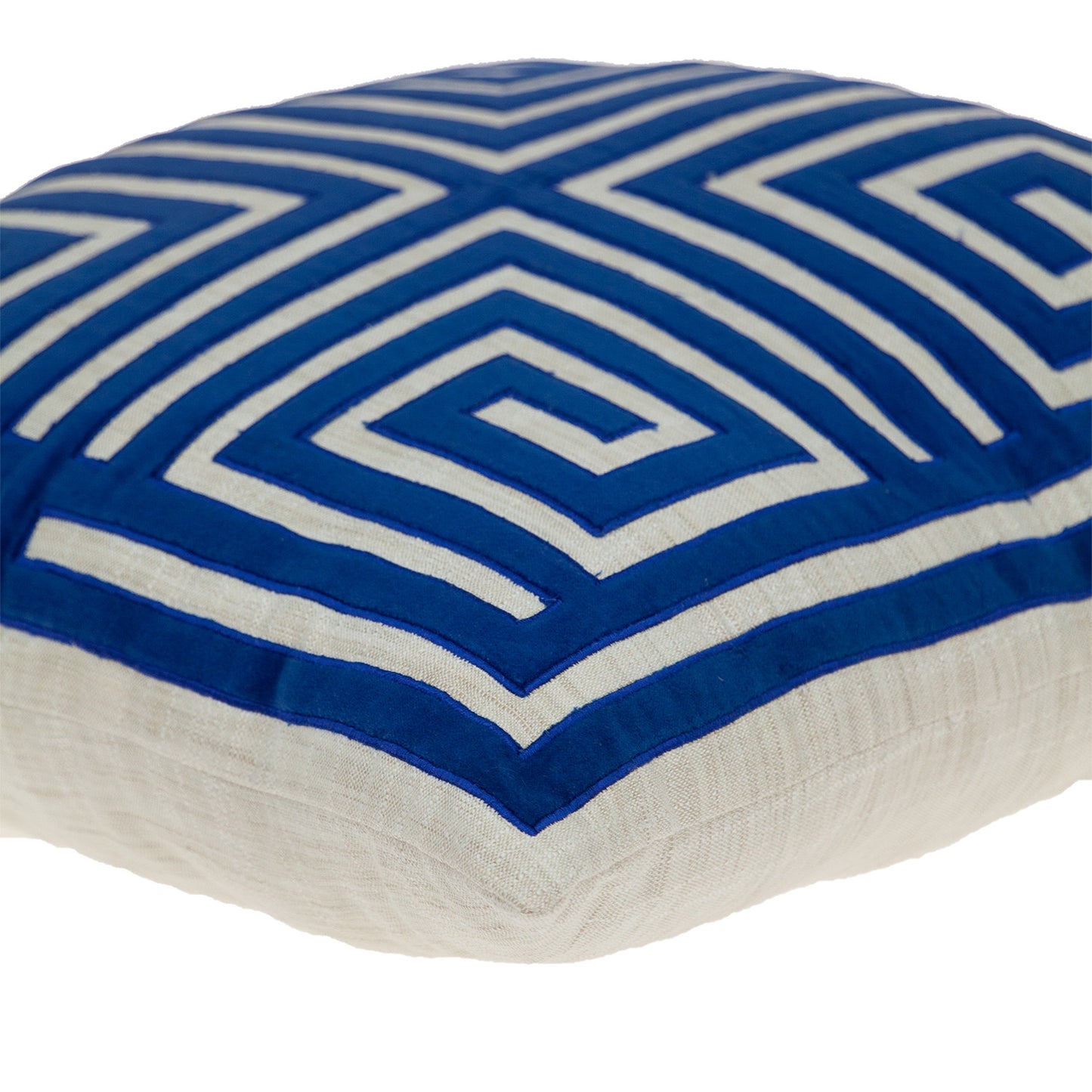 Beige & Blue Geometric Cotton Blend Pillow w/ Embroidery