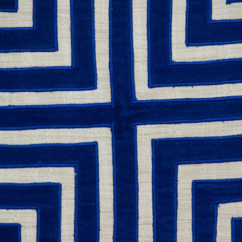 Beige & Blue Geometric Cotton Blend Pillow w/ Embroidery