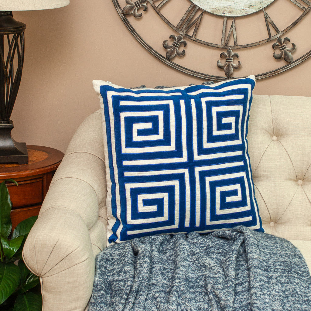 Beige & Blue Geometric Cotton Blend Pillow w/ Embroidery