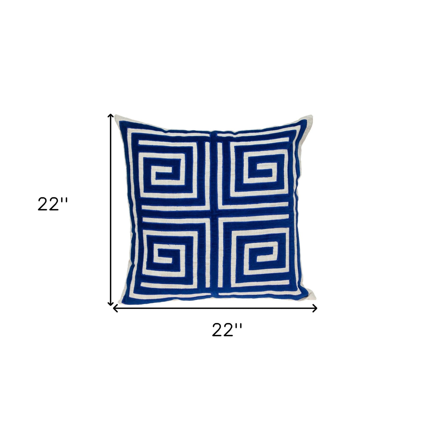 Beige & Blue Geometric Cotton Blend Pillow w/ Embroidery