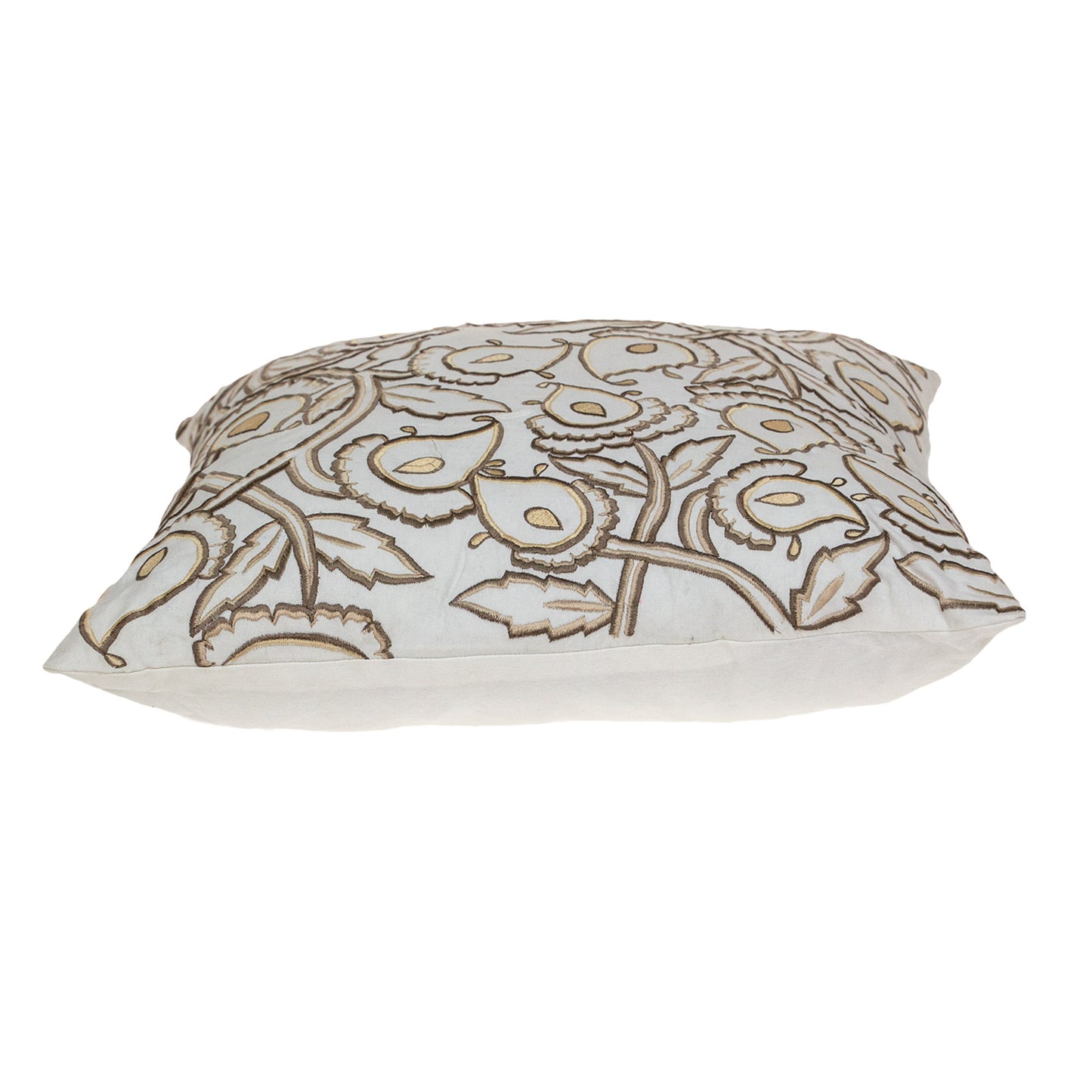 Brown & White Floral Cotton Pillow w/ Embroidery