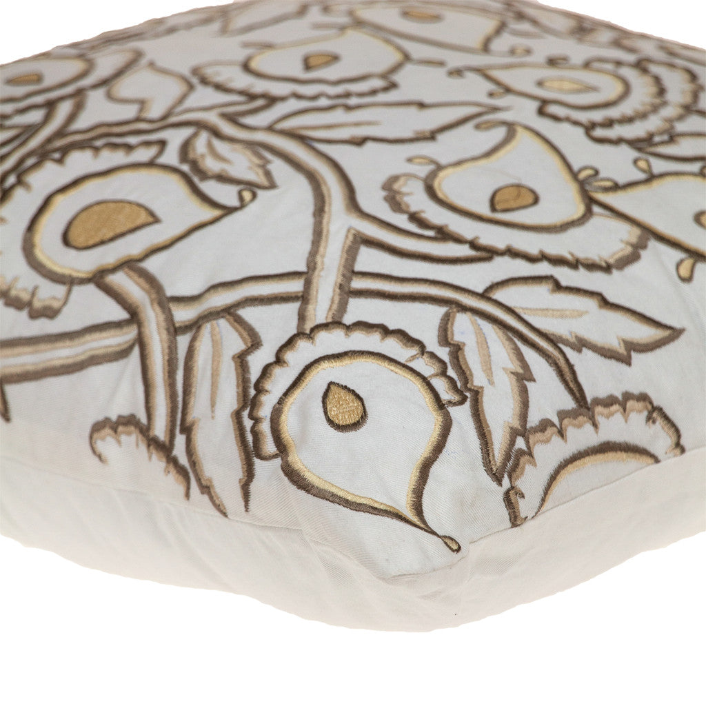 Brown & White Floral Cotton Pillow w/ Embroidery
