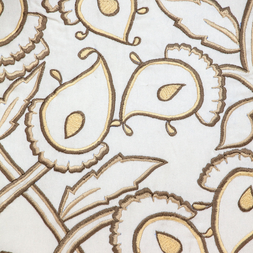Brown & White Floral Cotton Pillow w/ Embroidery