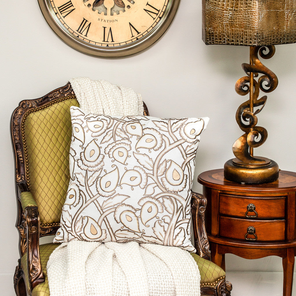 Brown & White Floral Cotton Pillow w/ Embroidery