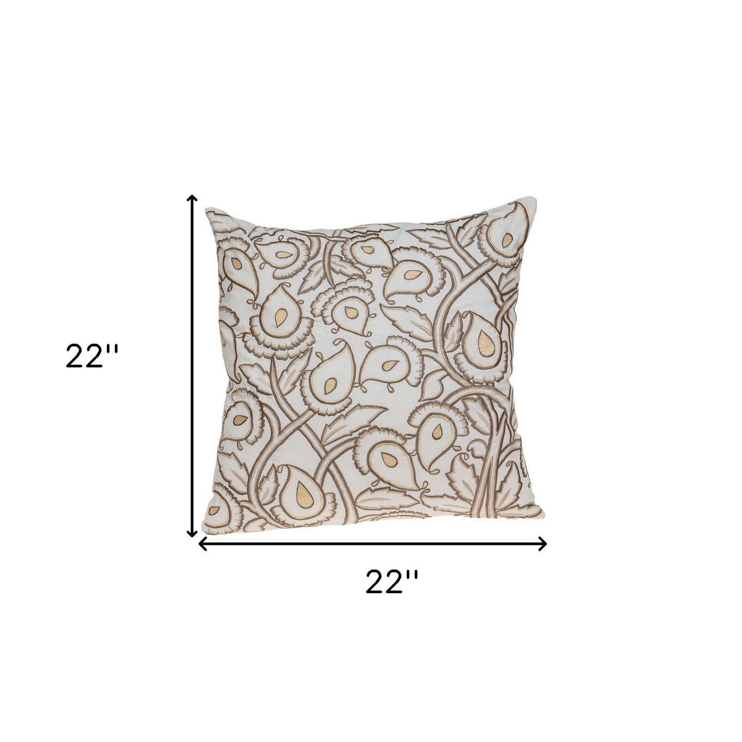 Brown & White Floral Cotton Pillow w/ Embroidery