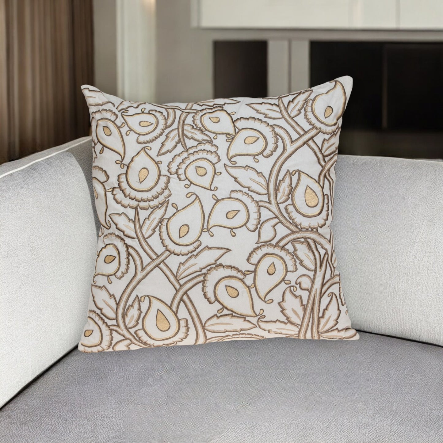 Brown & White Floral Cotton Pillow w/ Embroidery