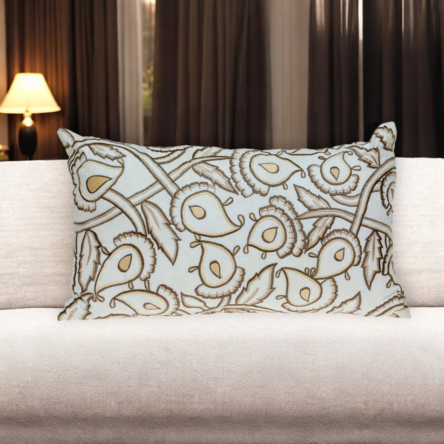 Brown & White Floral Cotton Pillow w/ Embroidery