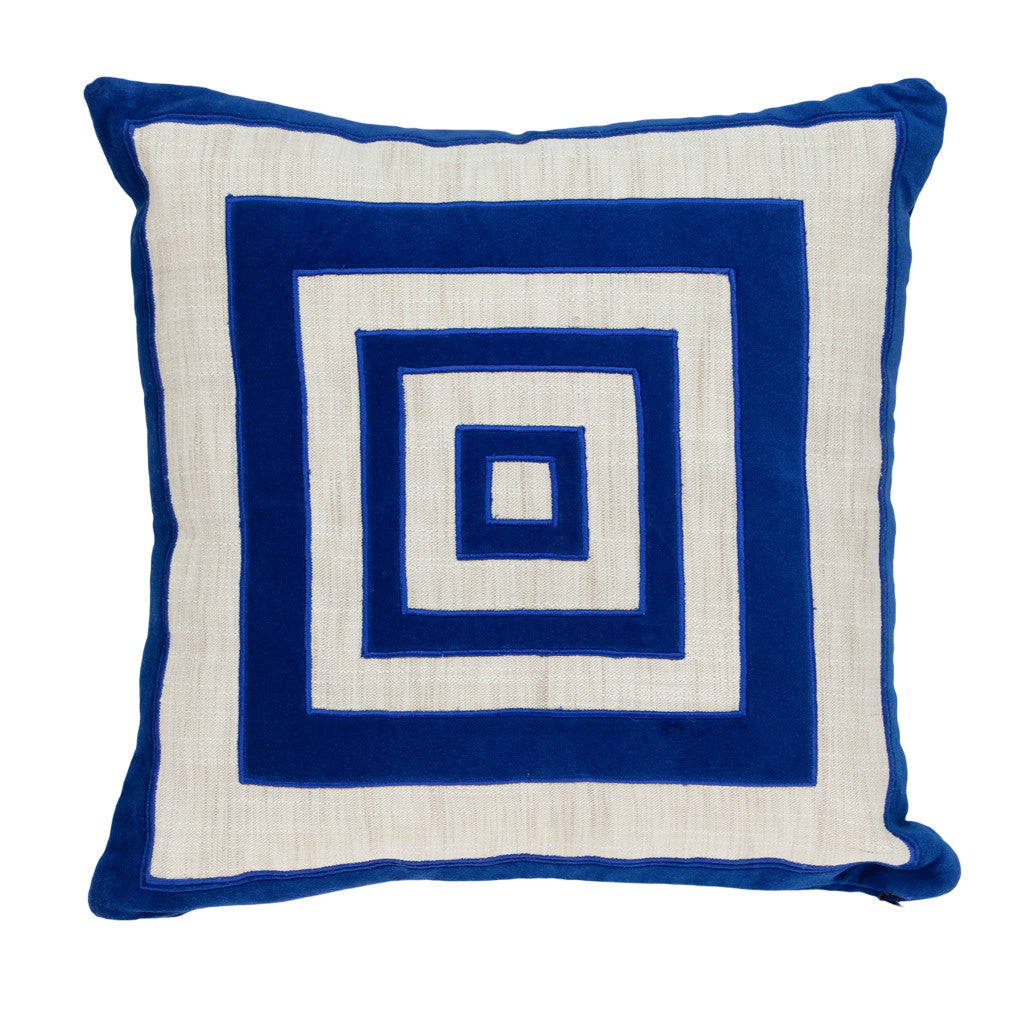 Beige & Blue Geometric Cotton Blend Pillow w/ Embroidery