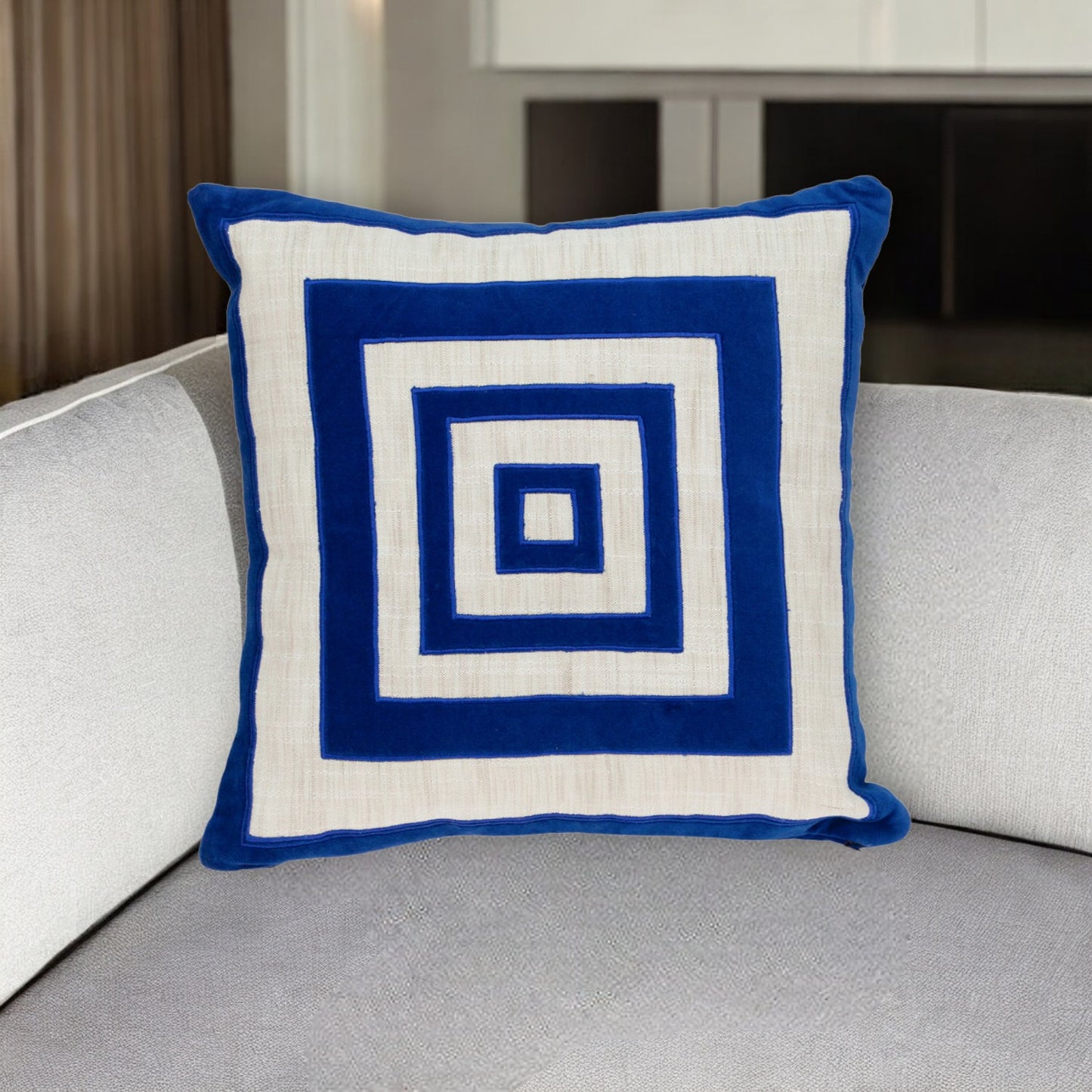 Beige & Blue Geometric Cotton Blend Pillow w/ Embroidery