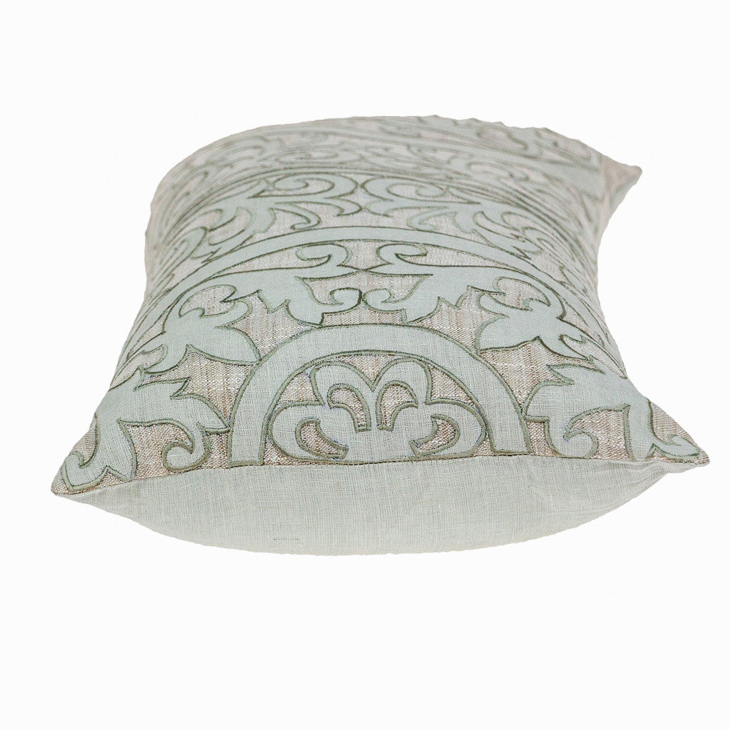 Beige & Green Damask Linen Pillow w/ Embroidery