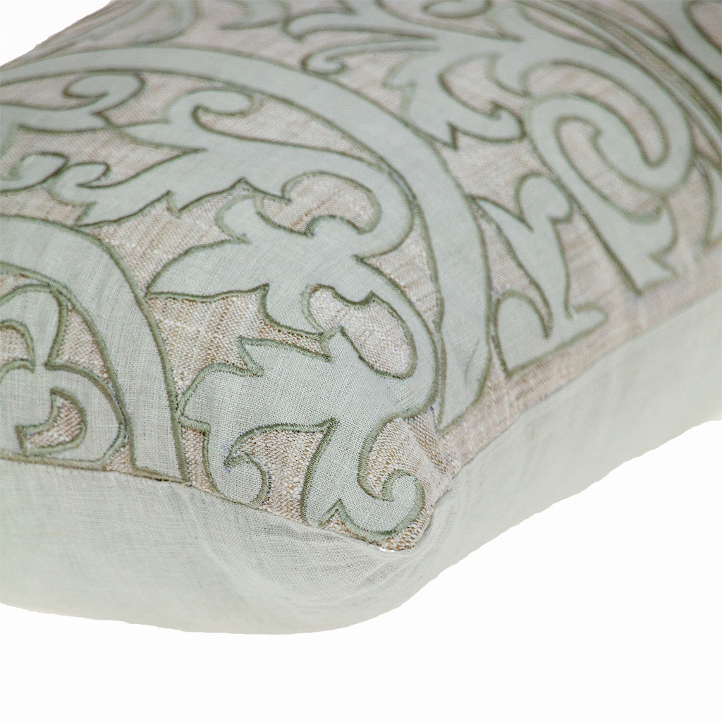 Beige & Green Damask Linen Pillow w/ Embroidery