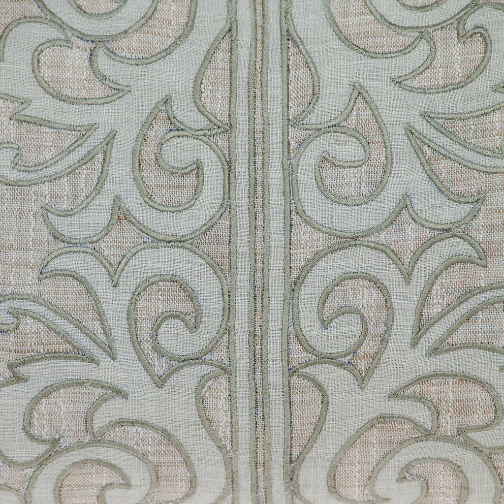 Beige & Green Damask Linen Pillow w/ Embroidery