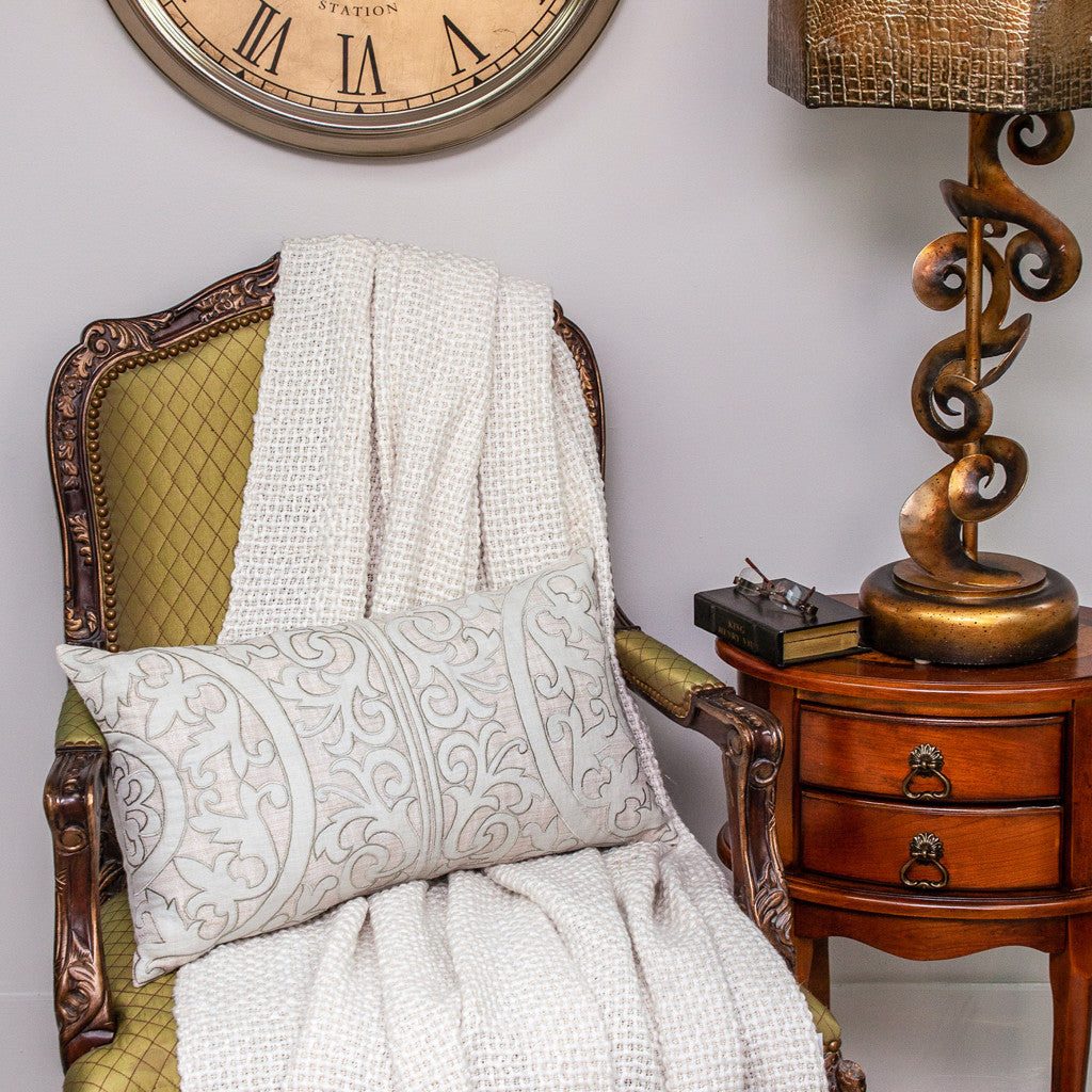 Beige & Green Damask Linen Pillow w/ Embroidery