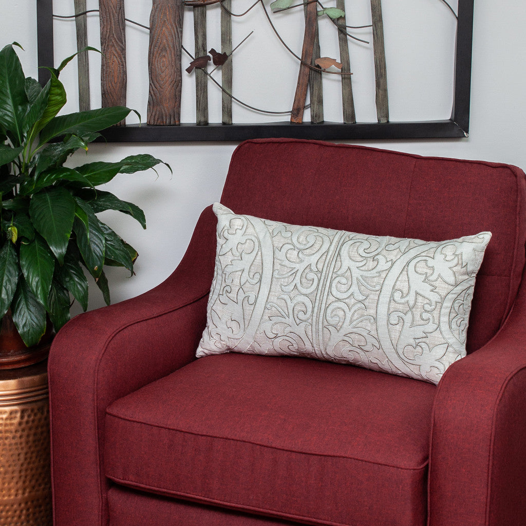 Beige & Green Damask Linen Pillow w/ Embroidery
