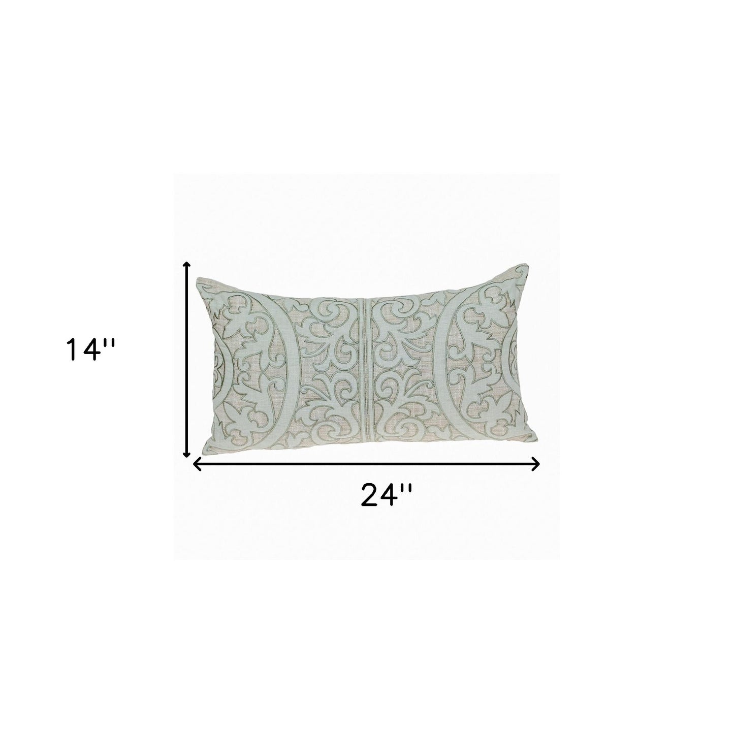Beige & Green Damask Linen Pillow w/ Embroidery
