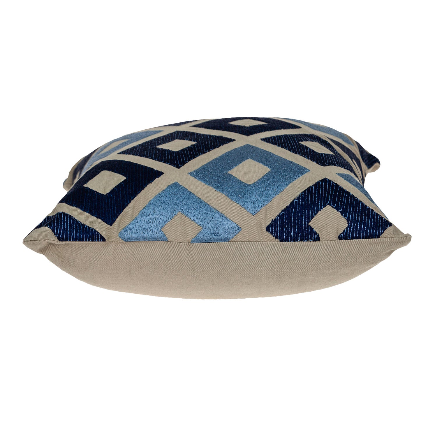Beige & Blue Diamond Cotton Pillow w/ Embroidery