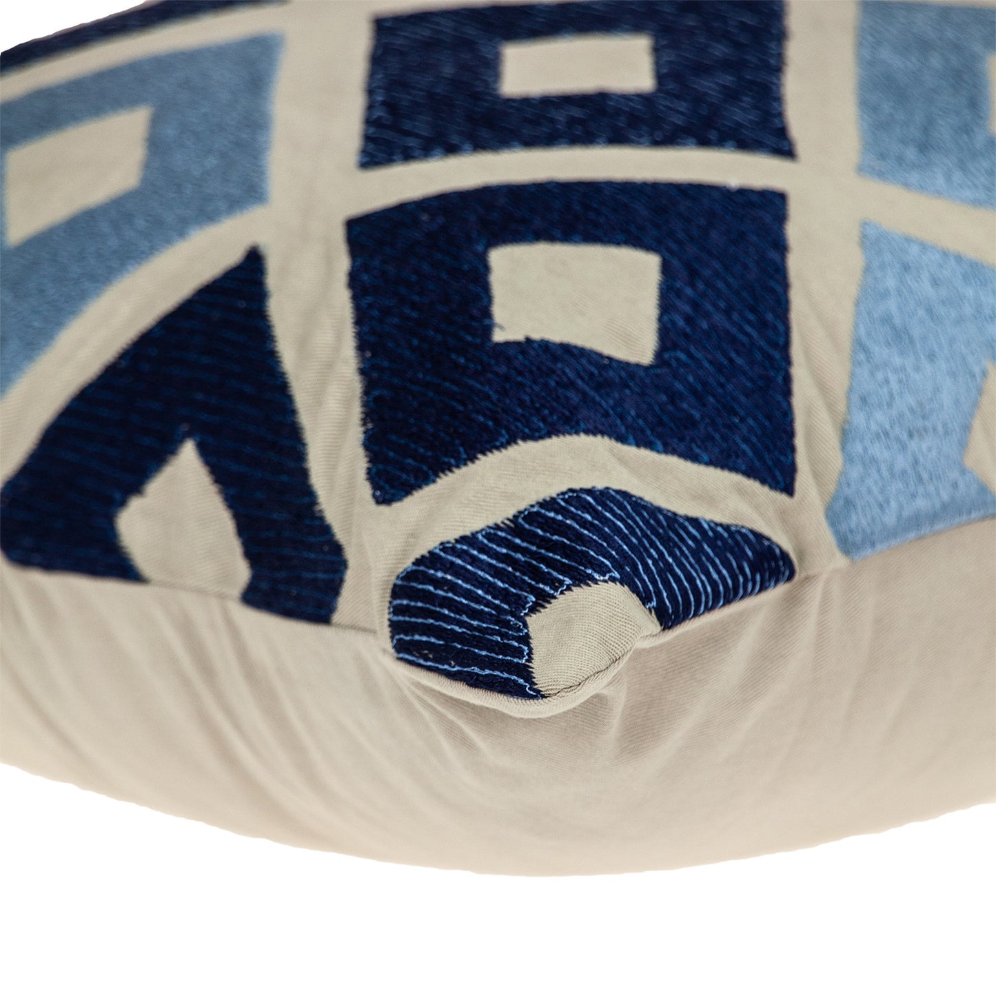 Beige & Blue Diamond Cotton Pillow w/ Embroidery