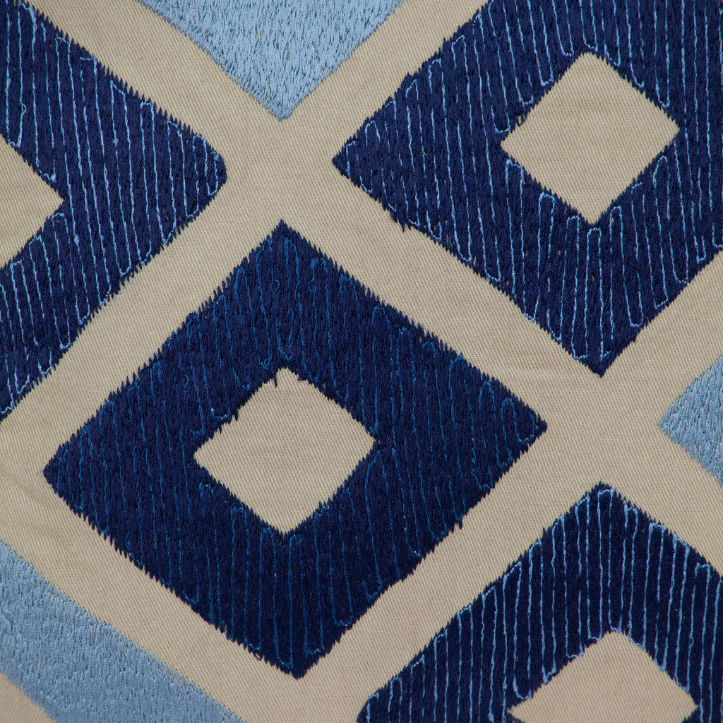 Beige & Blue Diamond Cotton Pillow w/ Embroidery