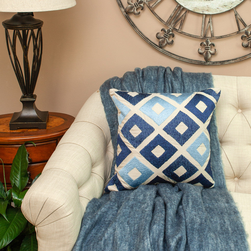 Beige & Blue Diamond Cotton Pillow w/ Embroidery