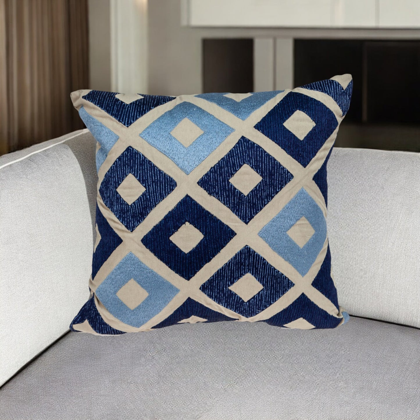 Beige & Blue Diamond Cotton Pillow w/ Embroidery