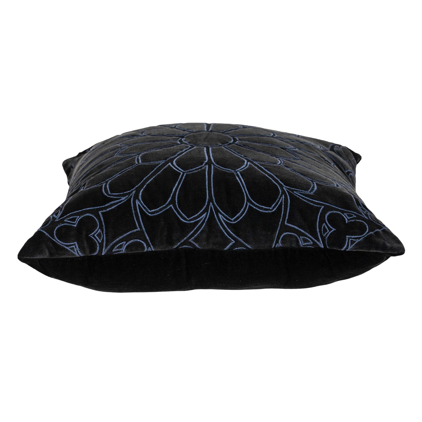Black & Blue Floral Cotton Pillow w/ Embroidery