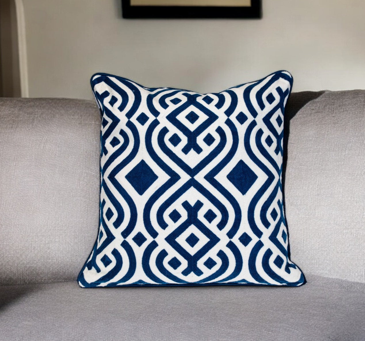 Blue & White Geometric Cotton Pillow