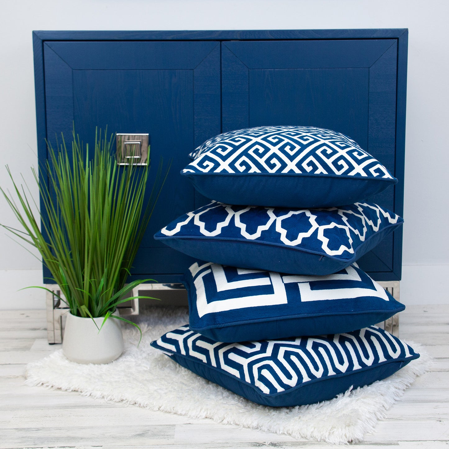 Blue & White Interlocking Cotton Pillow