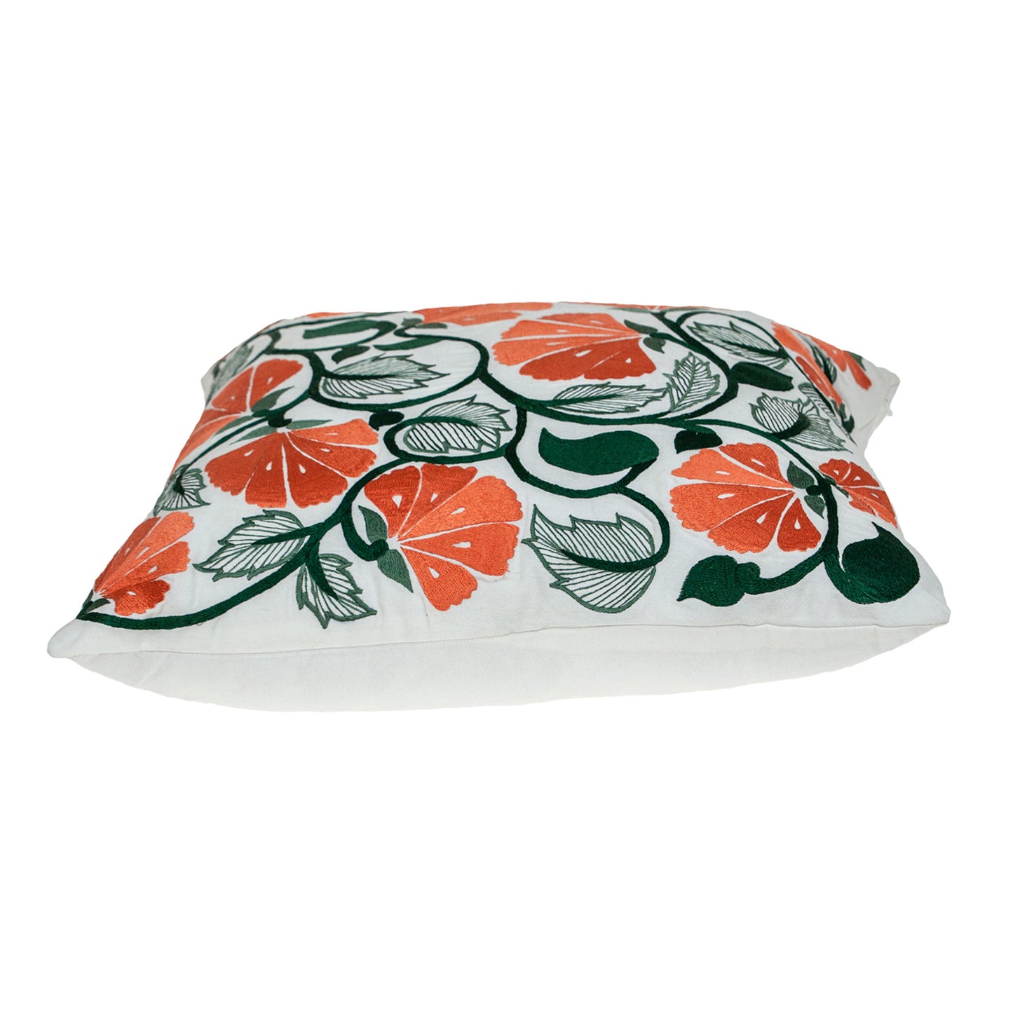 Orange & White Floral Cotton Pillow w/ Embroidery