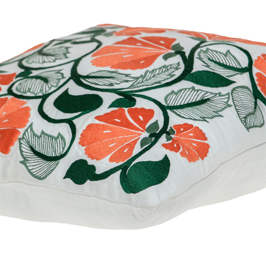 Orange & White Floral Cotton Pillow w/ Embroidery