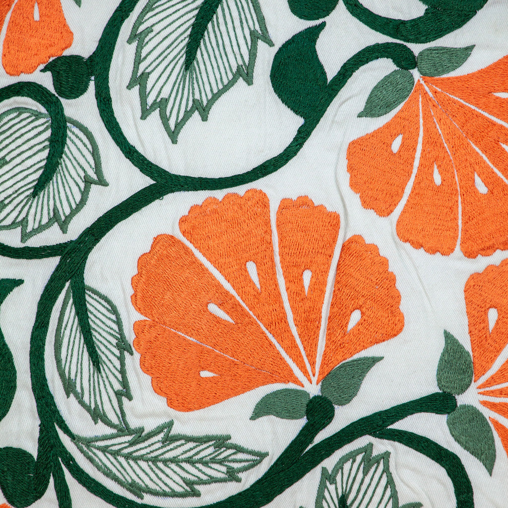 Orange & White Floral Cotton Pillow w/ Embroidery