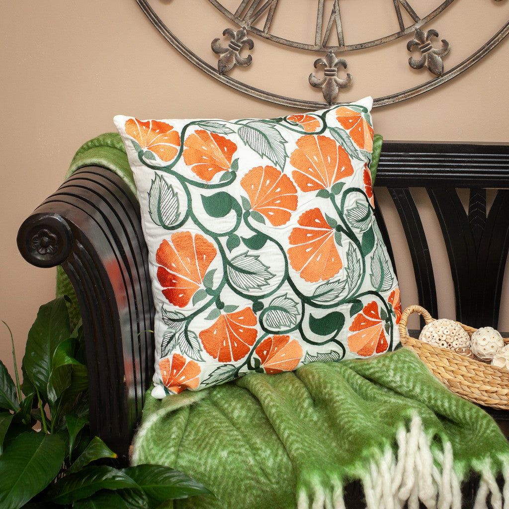 Orange & White Floral Cotton Pillow w/ Embroidery