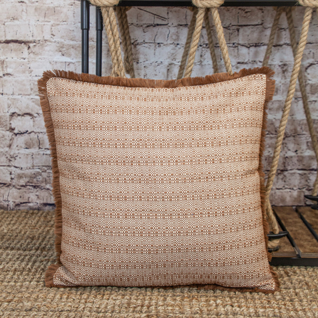 Brown & White Striped Cotton Pillow w/ Fringe