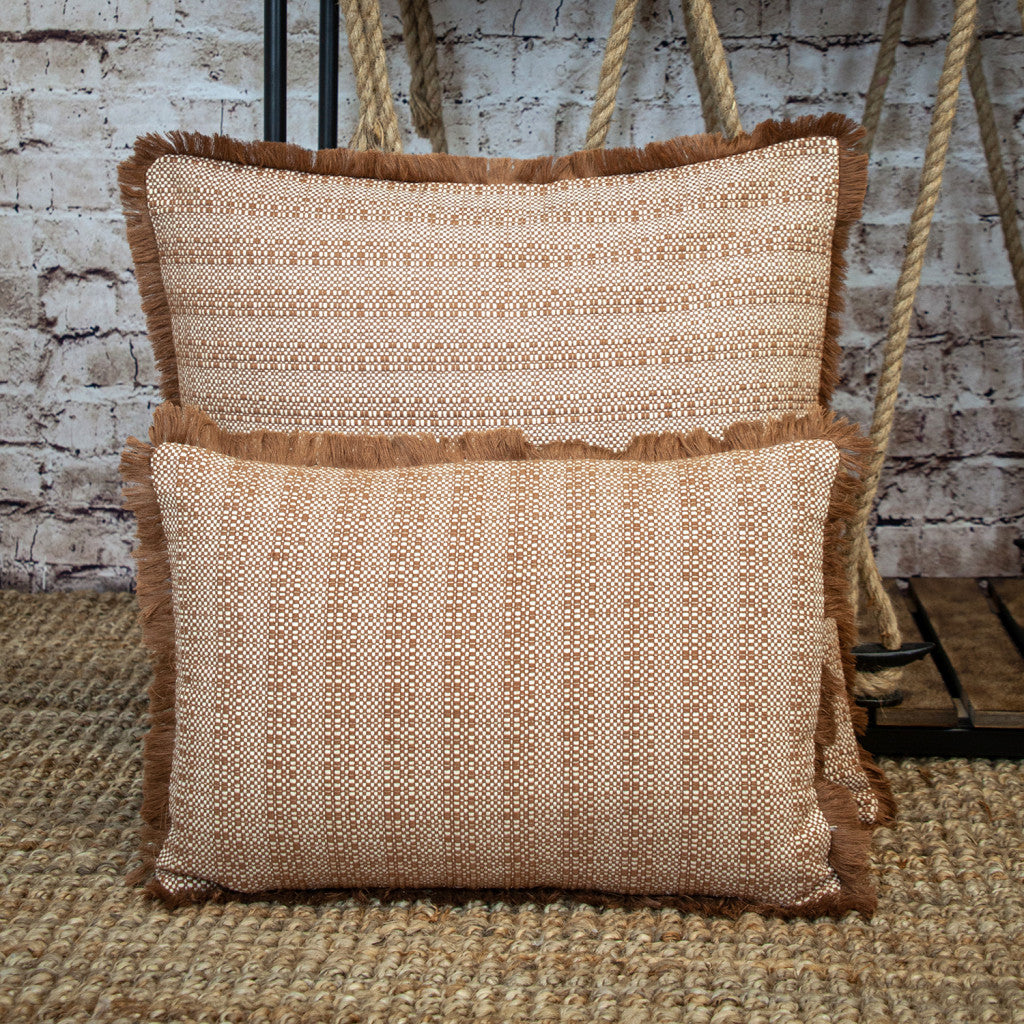 Brown & White Striped Cotton Pillow w/ Fringe