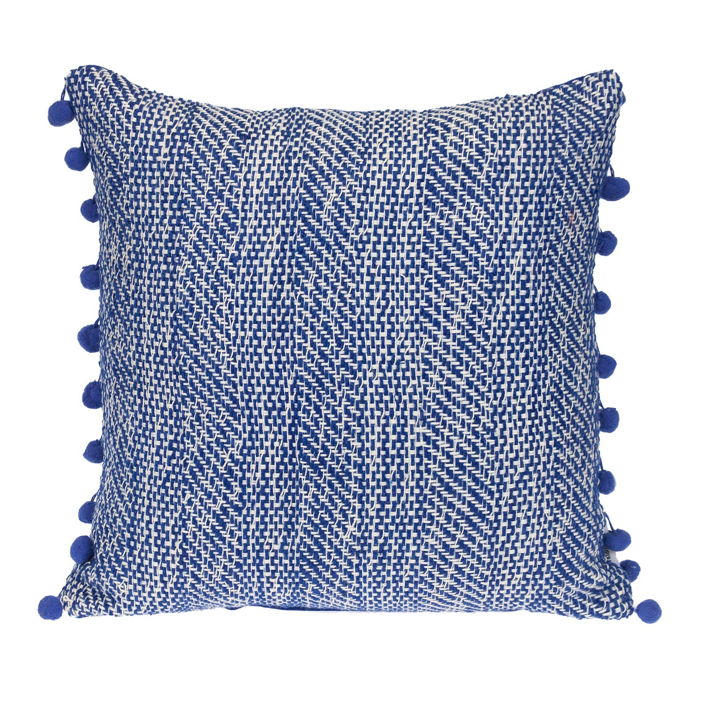 Blue & White Weave Cotton Pillow w/ Pom Poms